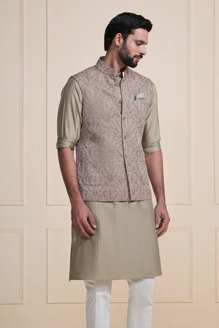Buy_Raghavendra Rathore Jodhpur_Beige Silk Embroidery And Brown Designer Nehru Jacket_Online_at_Aza_Fashions
