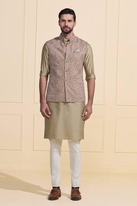 Shop_Raghavendra Rathore Jodhpur_Beige Silk Embroidery And Brown Designer Nehru Jacket_Online_at_Aza_Fashions