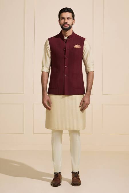 Buy_Raghavendra Rathore Jodhpur_Maroon Viscose, Silk Bespoke Dark Garnet Nehru Jacket _Online_at_Aza_Fashions