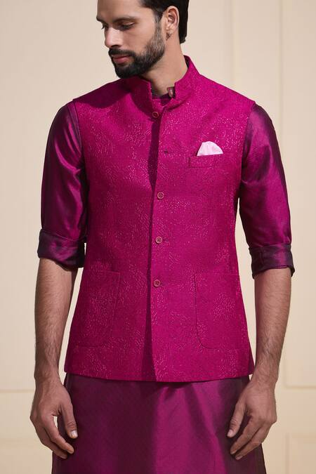 Raghavendra Rathore Jodhpur Magenta Silk Designer Bundi Set Online at Aza Fashions Raghavendra Rathore Jodhpur_Magenta Silk Designer Bundi Set _Online_at_Aza_Fashions