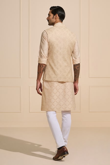 Shop Raghavendra Rathore Jodhpur Beige Silk Patterned Woven Bundi at Aza Fashions Shop_Raghavendra Rathore Jodhpur_Beige Silk Patterned Woven Bundi _at_Aza_Fashions