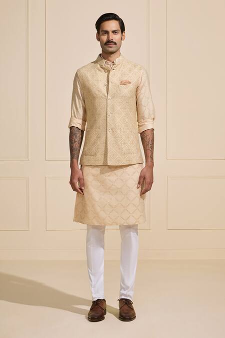 Raghavendra Rathore Jodhpur Beige Silk Patterned Woven Bundi Online at Aza Fashions Raghavendra Rathore Jodhpur_Beige Silk Patterned Woven Bundi _Online_at_Aza_Fashions