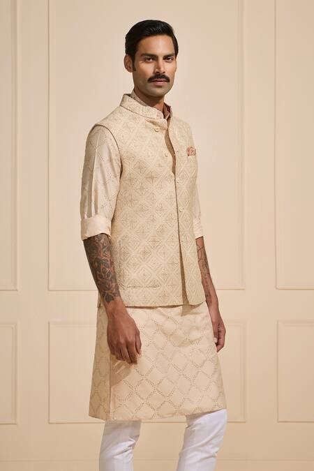 Buy Raghavendra Rathore Jodhpur Beige Silk Patterned Woven Bundi Online at Aza Fashions Buy_Raghavendra Rathore Jodhpur_Beige Silk Patterned Woven Bundi _Online_at_Aza_Fashions