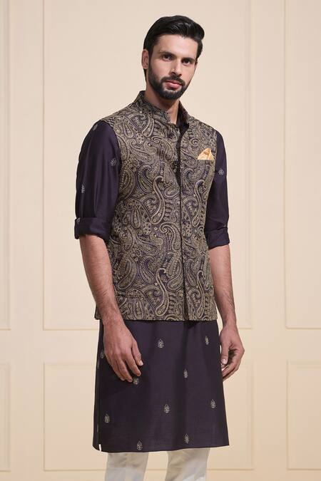 Raghavendra Rathore Jodhpur Black Silk Embroidery Regal Paisley-patterned Nehru Jacket Online at Aza Fashions Raghavendra Rathore Jodhpur_Black Silk Embroidery Regal Paisley-patterned Nehru Jacket _Online_at_Aza_Fashions