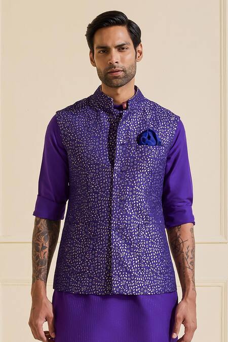 Raghavendra Rathore Jodhpur Purple Silk Shimmering Prussian Indigo Nehru Jacket Online at Aza Fashions Raghavendra Rathore Jodhpur_Purple Silk Shimmering Prussian Indigo Nehru Jacket _Online_at_Aza_Fashions