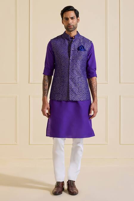 Shop Raghavendra Rathore Jodhpur Purple Silk Shimmering Prussian Indigo Nehru Jacket Online at Aza Fashions Shop_Raghavendra Rathore Jodhpur_Purple Silk Shimmering Prussian Indigo Nehru Jacket _Online_at_Aza_Fashions