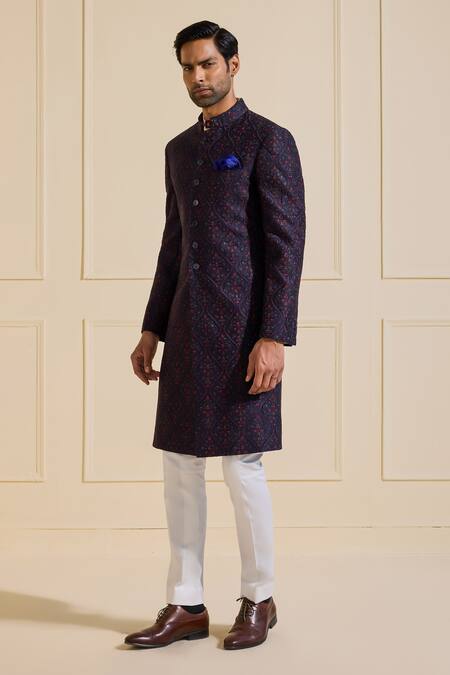 Raghavendra Rathore Jodhpur Navy Silk Embroidery Textured Sherwani Online at Aza Fashions Raghavendra Rathore Jodhpur_Navy Silk Embroidery Textured Sherwani _Online_at_Aza_Fashions