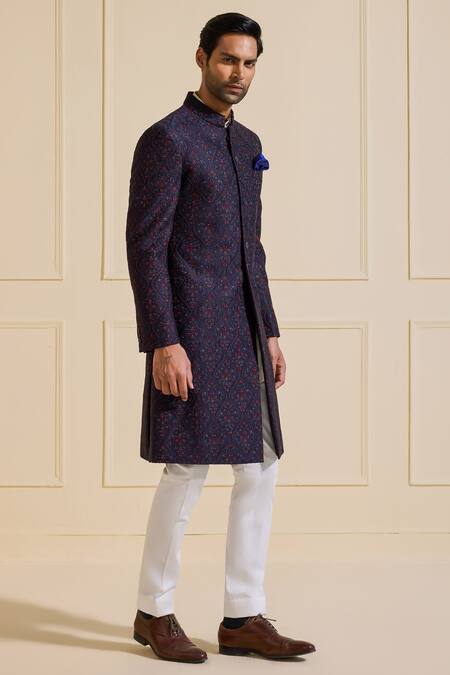 Buy Raghavendra Rathore Jodhpur Navy Silk Embroidery Textured Sherwani Online at Aza Fashions Buy_Raghavendra Rathore Jodhpur_Navy Silk Embroidery Textured Sherwani _Online_at_Aza_Fashions
