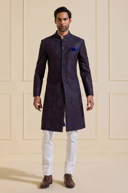 Shop Raghavendra Rathore Jodhpur Navy Silk Embroidery Textured Sherwani Online at Aza Fashions Shop_Raghavendra Rathore Jodhpur_Navy Silk Embroidery Textured Sherwani _Online_at_Aza_Fashions
