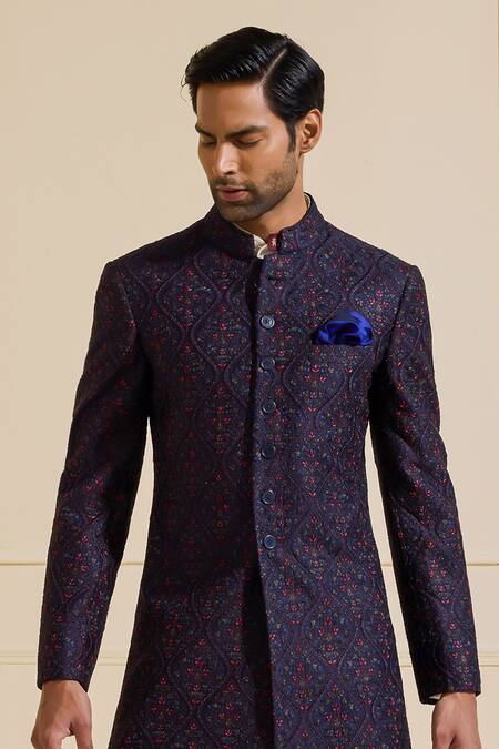 Raghavendra Rathore Jodhpur Navy Silk Embroidery Textured Sherwani at Aza Fashions Raghavendra Rathore Jodhpur_Navy Silk Embroidery Textured Sherwani _at_Aza_Fashions