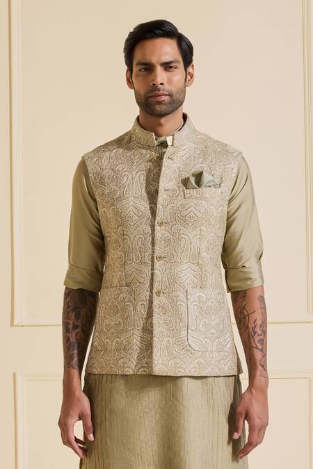 Shop Raghavendra Rathore Jodhpur Beige Silk Embroidery Nehru Jacket Online at Aza Fashions Shop_Raghavendra Rathore Jodhpur_Beige Silk Embroidery Nehru Jacket _Online_at_Aza_Fashions
