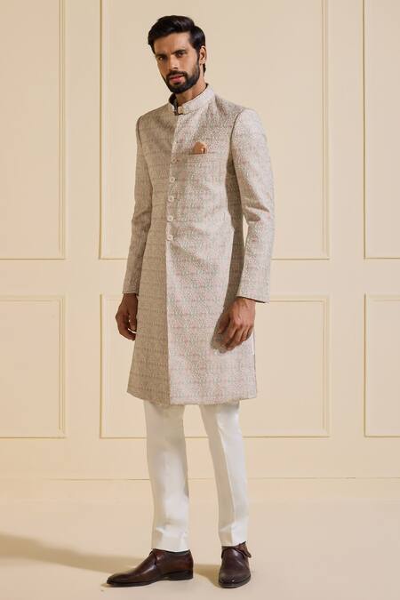 Buy_Raghavendra Rathore Jodhpur_Peach Silk Embroidery Textured Luxe Sherwani _Online_at_Aza_Fashions