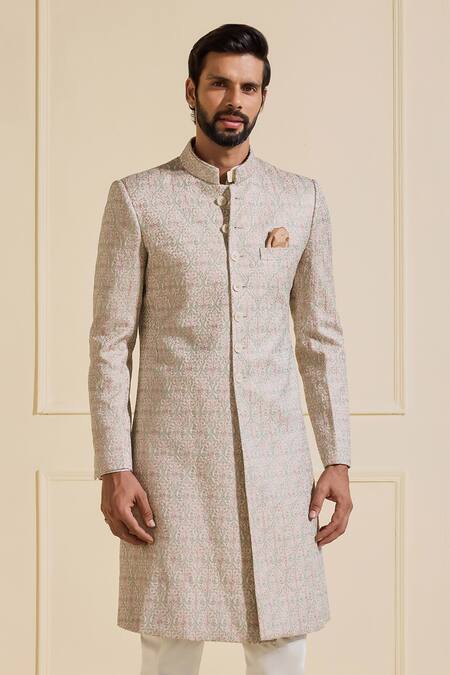 Shop_Raghavendra Rathore Jodhpur_Peach Silk Embroidery Textured Luxe Sherwani _Online_at_Aza_Fashions