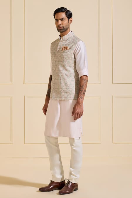 Raghavendra Rathore Jodhpur_Peach Silk Moonlit Weaved Nehru Jacket _Online_at_Aza_Fashions