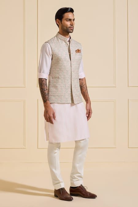 Buy_Raghavendra Rathore Jodhpur_Peach Silk Moonlit Weaved Nehru Jacket _Online_at_Aza_Fashions