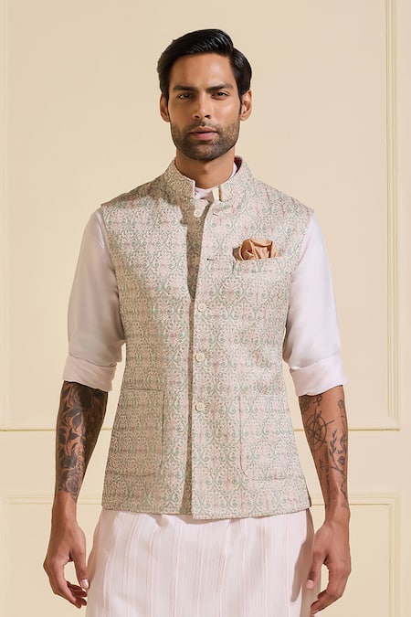 Shop_Raghavendra Rathore Jodhpur_Peach Silk Moonlit Weaved Nehru Jacket _Online_at_Aza_Fashions