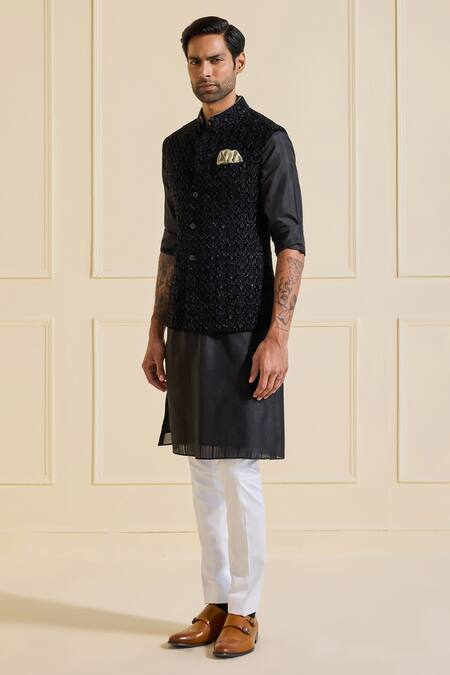 Raghavendra Rathore Jodhpur Black Polyester Classic Textured Nehru Jacket Online at Aza Fashions Raghavendra Rathore Jodhpur_Black Polyester Classic Textured Nehru Jacket _Online_at_Aza_Fashions