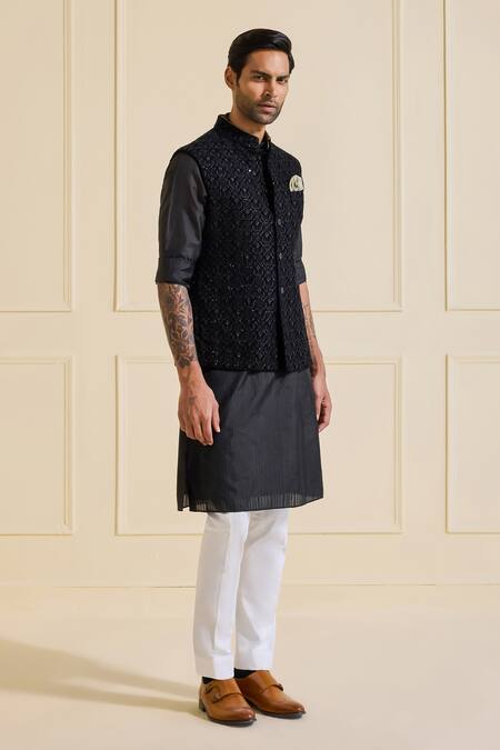 Buy Raghavendra Rathore Jodhpur Black Polyester Classic Textured Nehru Jacket Online at Aza Fashions Buy_Raghavendra Rathore Jodhpur_Black Polyester Classic Textured Nehru Jacket _Online_at_Aza_Fashions