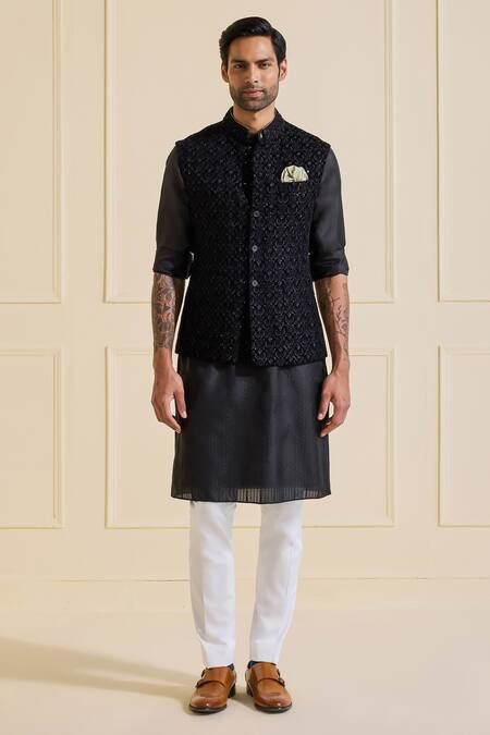 Shop Raghavendra Rathore Jodhpur Black Polyester Classic Textured Nehru Jacket Online at Aza Fashions Shop_Raghavendra Rathore Jodhpur_Black Polyester Classic Textured Nehru Jacket _Online_at_Aza_Fashions