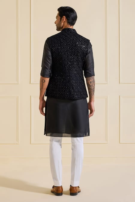 Shop Raghavendra Rathore Jodhpur Black Polyester Classic Textured Nehru Jacket at Aza Fashions Shop_Raghavendra Rathore Jodhpur_Black Polyester Classic Textured Nehru Jacket _at_Aza_Fashions