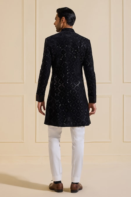 Shop Raghavendra Rathore Jodhpur Black Polyester Embellished Sherwani at Aza Fashions Shop_Raghavendra Rathore Jodhpur_Black Polyester Embellished Sherwani _at_Aza_Fashions