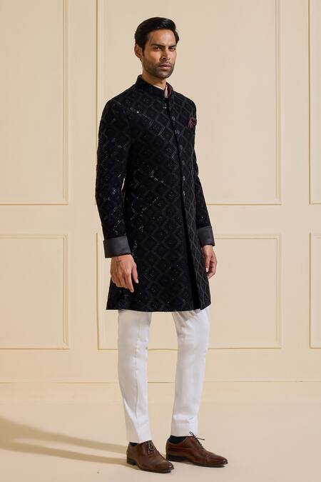 Raghavendra Rathore Jodhpur Black Polyester Embellished Sherwani Online at Aza Fashions Raghavendra Rathore Jodhpur_Black Polyester Embellished Sherwani _Online_at_Aza_Fashions