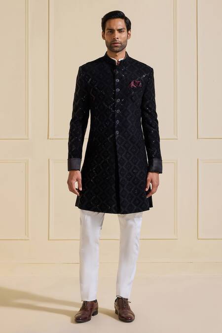 Buy Raghavendra Rathore Jodhpur Black Polyester Embellished Sherwani Online at Aza Fashions Buy_Raghavendra Rathore Jodhpur_Black Polyester Embellished Sherwani _Online_at_Aza_Fashions