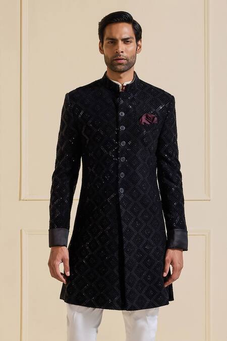 Shop Raghavendra Rathore Jodhpur Black Polyester Embellished Sherwani Online at Aza Fashions Shop_Raghavendra Rathore Jodhpur_Black Polyester Embellished Sherwani _Online_at_Aza_Fashions