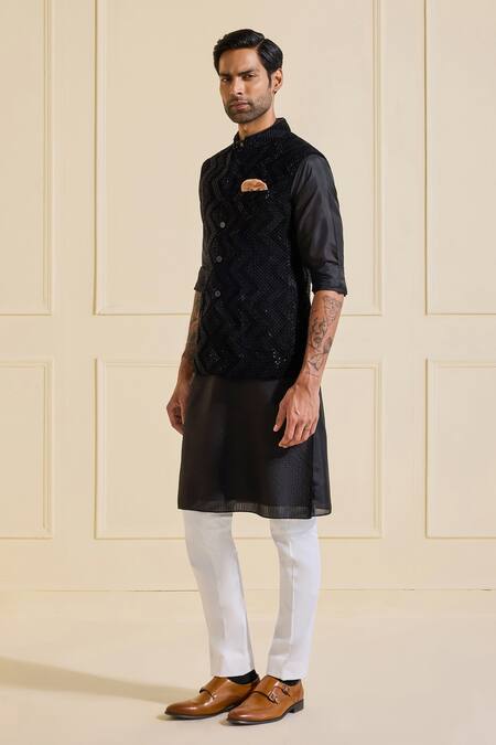 Raghavendra Rathore Jodhpur Black Satin Nehru Jacket Set Online at Aza Fashions Raghavendra Rathore Jodhpur_Black Satin Nehru Jacket Set _Online_at_Aza_Fashions