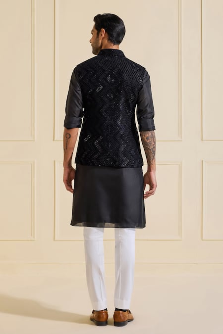 Shop Raghavendra Rathore Jodhpur Black Satin Nehru Jacket Set at Aza Fashions Shop_Raghavendra Rathore Jodhpur_Black Satin Nehru Jacket Set _at_Aza_Fashions