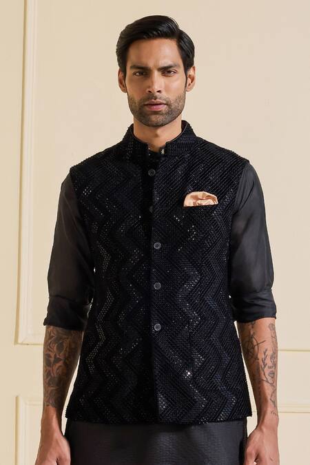 Shop Raghavendra Rathore Jodhpur Black Satin Nehru Jacket Set Online at Aza Fashions Shop_Raghavendra Rathore Jodhpur_Black Satin Nehru Jacket Set _Online_at_Aza_Fashions