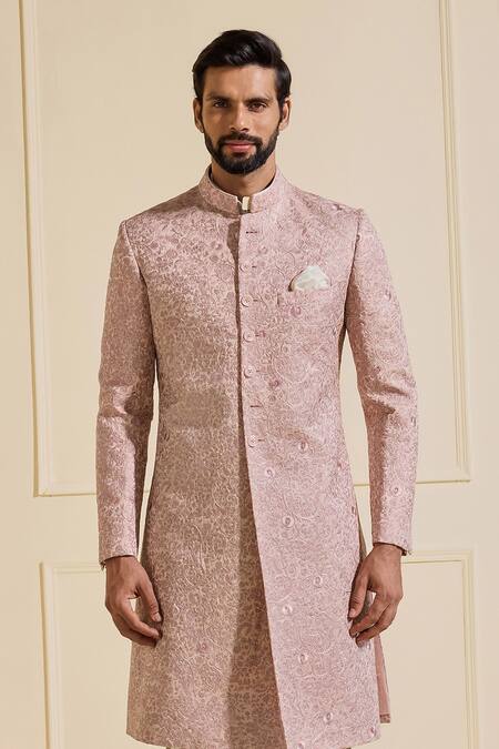 Shop Raghavendra Rathore Jodhpur Pink Linen Embroidery Floral Pattern Baby Sherwani Online at Aza Fashions Shop_Raghavendra Rathore Jodhpur_Pink Linen Embroidery Floral Pattern Baby Sherwani _Online_at_Aza_Fashions