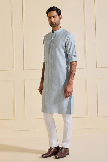 Raghavendra Rathore Jodhpur_Blue Viscose, Silk Classic Powder Kurta _Online_at_Aza_Fashions