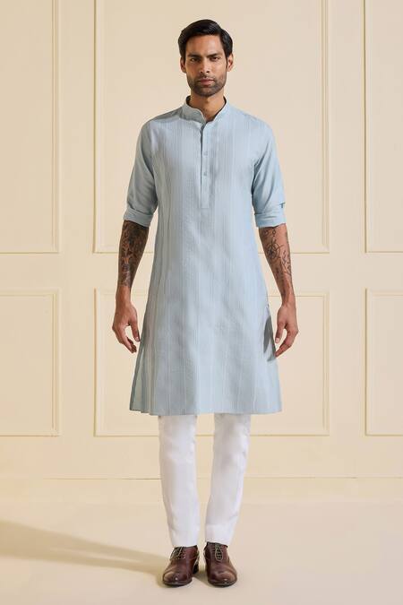 Shop_Raghavendra Rathore Jodhpur_Blue Viscose, Silk Classic Powder Kurta _Online_at_Aza_Fashions