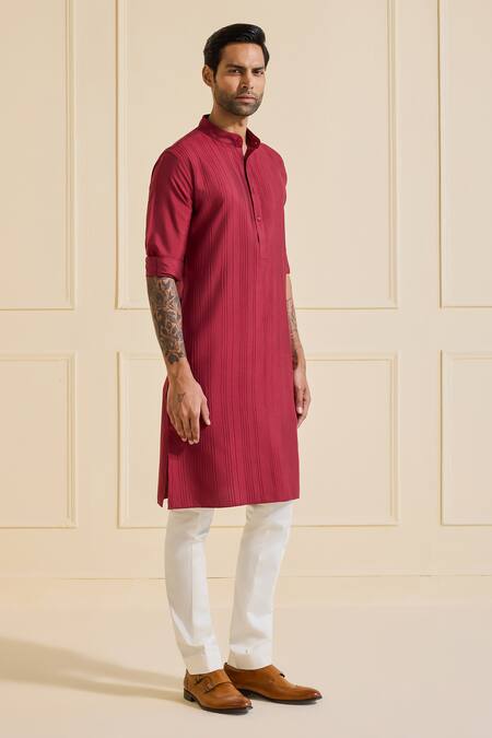 Raghavendra Rathore Jodhpur Maroon Viscose Classic Pleated Kurta Online at Aza Fashions Raghavendra Rathore Jodhpur_Maroon Viscose Classic Pleated Kurta _Online_at_Aza_Fashions