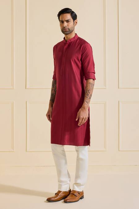 Buy Raghavendra Rathore Jodhpur Maroon Viscose Classic Pleated Kurta Online at Aza Fashions Buy_Raghavendra Rathore Jodhpur_Maroon Viscose Classic Pleated Kurta _Online_at_Aza_Fashions