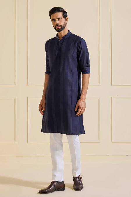 Raghavendra Rathore Jodhpur Navy Viscose, Silk Striped Kurta Online at Aza Fashions Raghavendra Rathore Jodhpur_Navy Viscose, Silk Striped Kurta _Online_at_Aza_Fashions