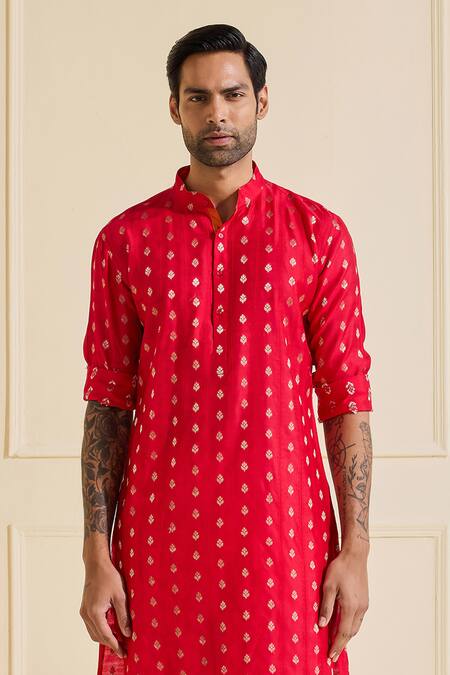 Raghavendra Rathore Jodhpur_Red Silk Embroidery Designer Kurta_Online_at_Aza_Fashions