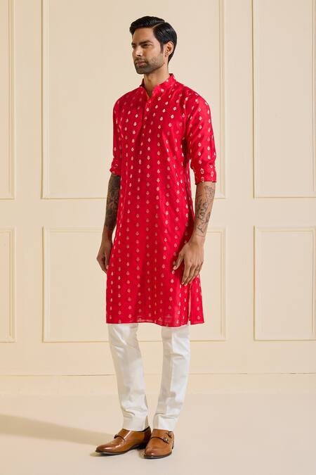 Buy_Raghavendra Rathore Jodhpur_Red Silk Embroidery Designer Kurta_Online_at_Aza_Fashions