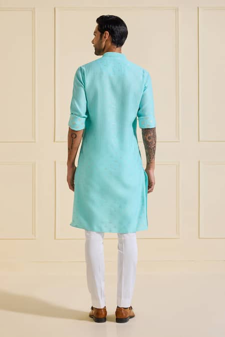 Shop Raghavendra Rathore Jodhpur Turquoise Viscose Embroidery Skyward Serenity Kurta at Aza Fashions Shop_Raghavendra Rathore Jodhpur_Turquoise Viscose Embroidery Skyward Serenity Kurta _at_Aza_Fashions