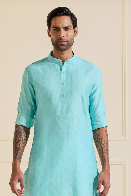 Shop Raghavendra Rathore Jodhpur Turquoise Viscose Embroidery Skyward Serenity Kurta Online at Aza Fashions Shop_Raghavendra Rathore Jodhpur_Turquoise Viscose Embroidery Skyward Serenity Kurta _Online_at_Aza_Fashions