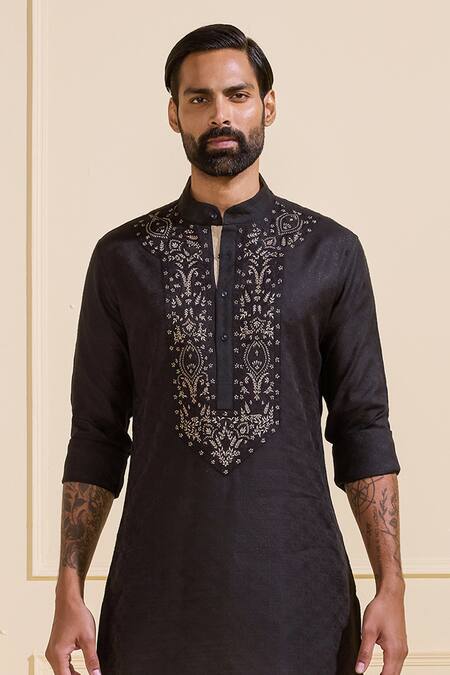 Shop Raghavendra Rathore Jodhpur Black Silk Embroidery Kurta Online at Aza Fashions Shop_Raghavendra Rathore Jodhpur_Black Silk Embroidery Kurta _Online_at_Aza_Fashions
