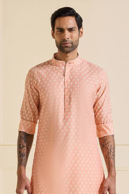 Shop Raghavendra Rathore Jodhpur Peach Viscose, Silk Ornate Blossom Kurta Online at Aza Fashions Shop_Raghavendra Rathore Jodhpur_Peach Viscose, Silk Ornate Blossom Kurta _Online_at_Aza_Fashions