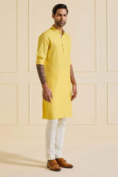 Raghavendra Rathore Jodhpur_Yellow Viscose Textured Shaan Kurta_Online_at_Aza_Fashions