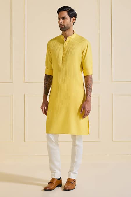 Buy_Raghavendra Rathore Jodhpur_Yellow Viscose Textured Shaan Kurta_Online_at_Aza_Fashions