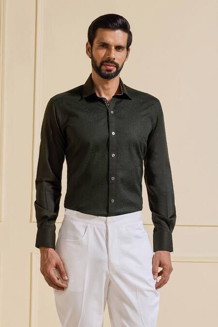 Raghavendra Rathore Jodhpur_Olive Green Cotton Designer Shirt _Online_at_Aza_Fashions