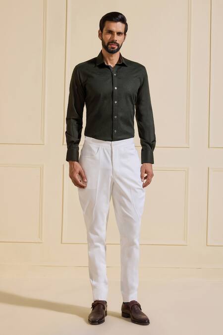 Buy_Raghavendra Rathore Jodhpur_Olive Green Cotton Designer Shirt _Online_at_Aza_Fashions