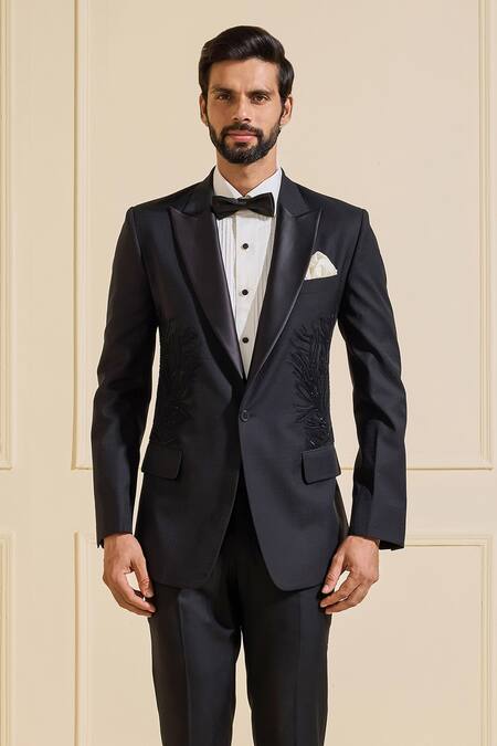 Shop Raghavendra Rathore Jodhpur Black Suede Embroidery Classic Ebon Tuxedo Jacket Online at Aza Fashions Shop_Raghavendra Rathore Jodhpur_Black Suede Embroidery Classic Ebon Tuxedo Jacket _Online_at_Aza_Fashions