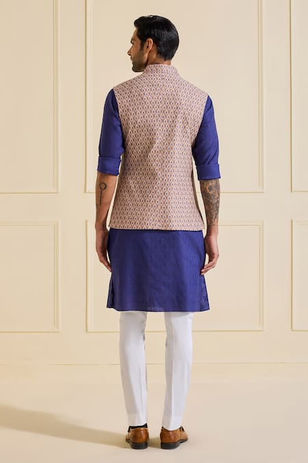 Shop Raghavendra Rathore Jodhpur Beige Viscose, Silk Textured And Blue Nehru Jacket at Aza Fashions Shop_Raghavendra Rathore Jodhpur_Beige Viscose, Silk Textured And Blue Nehru Jacket _at_Aza_Fashions