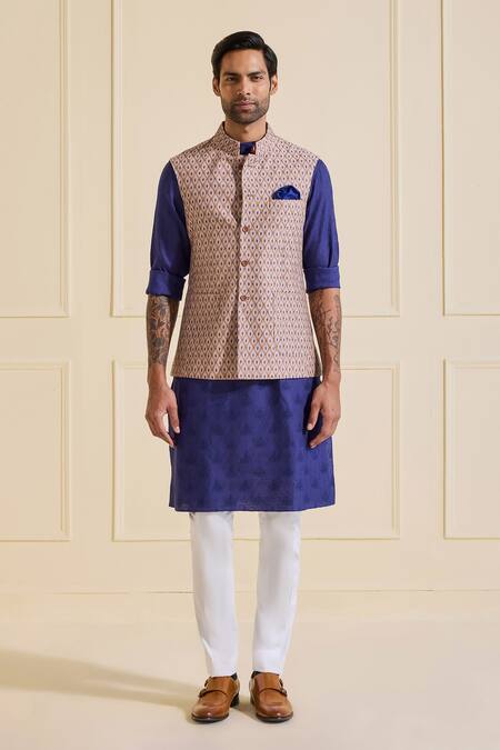 Raghavendra Rathore Jodhpur Beige Viscose, Silk Textured And Blue Nehru Jacket Online at Aza Fashions Raghavendra Rathore Jodhpur_Beige Viscose, Silk Textured And Blue Nehru Jacket _Online_at_Aza_Fashions